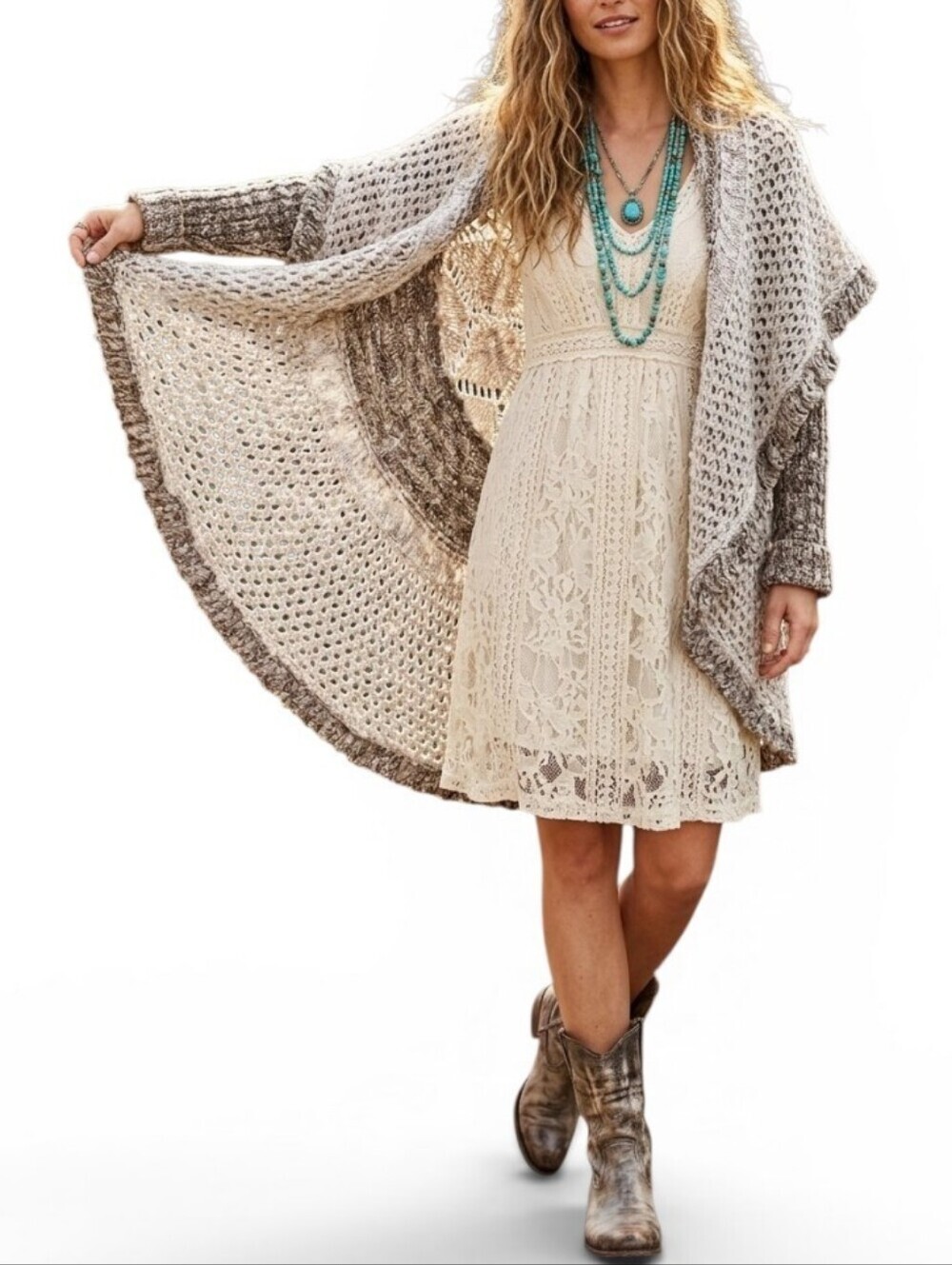 Orvis Boho Crochet Open Weave Cardigan Sweater M Cream Taupe Marled Coastal
